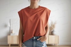 Orange sleeveless shirt denim jeans image Product Image 1