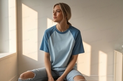 Blonde woman wearing blue raglan t shirt image Product Image 1