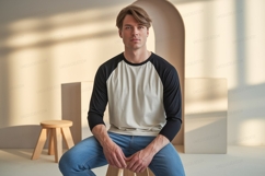 Man wearing baseball shirt and jeans mockup Product Image 1