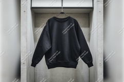 Black Sweatshirt Tshirt Mockup Hanging Concrete Wall Product Image 1