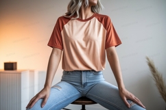 Orange peach raglan shirt light wash ripped jeans sleeves Product Image 1