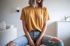 Mustard yellow raglan tee ripped denim mockup apparel Product Image 1
