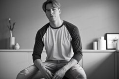 Young man wearing baseball shirt and ripped jeans image Product Image 1