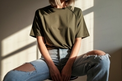 Olive green t shirt ripped jeans image Product Image 1
