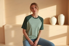 Woman wearing green raglan t shirt image Product Image 1
