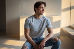Man wearing grey t shirt ripped jeans image Product Image 1