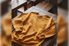 Mustard Sweatshirt On Wooden Table Tshirt Mockup Product Image 1