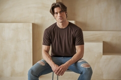 Man brown shirt ripped jeans image Product Image 1