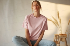Woman wearing pink t shirt and blue jeans image Product Image 1