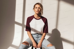 Woman wearing baseball shirt and ripped jeans image Product Image 1