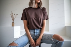 Brown shirt blue jeans mockup ripped Product Image 1