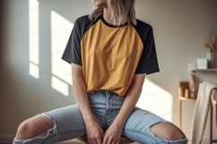Woman wearing yellow and black raglan t shirt t-shirt Product Image 1