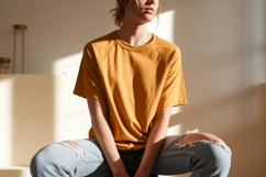 Woman wearing mustard yellow t shirt ripped denim jeans Product Image 1