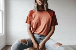 Orange raglan tee distressed denim Mockup Product Image 1
