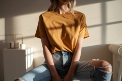 Mustard raglan tee distressed denim mockup apparel Product Image 1