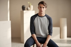 Man wearing grey baseball shirt dark Product Image 1
