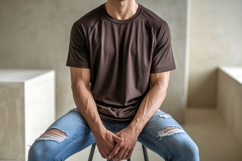 Man wearing brown shirt ripped jeans image Product Image 1