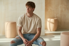 Young man wearing beige shirt and ripped jeans male Product Image 1