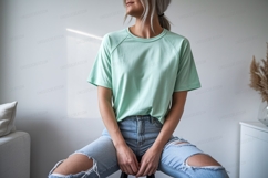 Mint green t shirt ripped jeans image Product Image 1