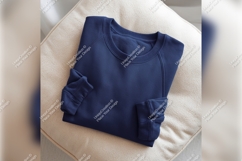Folded Navy Sweatshirt On Beige Pillow Tshirt Mockup Product Image 1