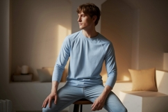 Man wearing light blue long sleeve shirt casual clothing Product Image 1