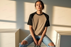 Young man wearing baseball tee and ripped jeans image Product Image 1