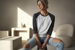 Woman wearing baseball tee and ripped jeans image Product Image 1