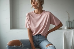 Pink tee ripped jeans mockup woman t-shirt Product Image 1