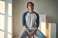 Young man wearing baseball shirt and ripped jeans image Product Image 1