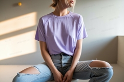 Lavender shirt ripped jeans woman Product Image 1