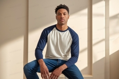 Young man wearing baseball shirt and jeans person male Product Image 1