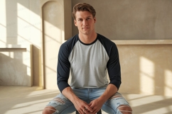 Man wearing grey and navy baseball shirt image Product Image 1