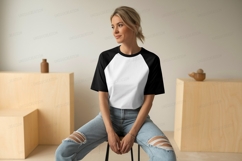 Woman wearing black white baseball tee image Product Image 1