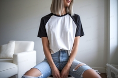Woman wearing black and white t shirt ripped jeans Product Image 1