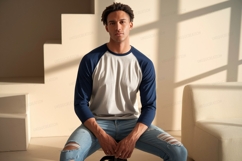 Man wearing baseball shirt and ripped jeans image Product Image 1
