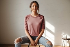Woman wearing pink shirt ripped jeans image Product Image 1