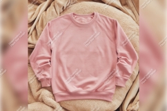 Pink Sweatshirt Tshirt Mockup On Beige Blanket Product Image 1