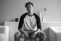 Young man wearing baseball shirt ripped jeans male Product Image 1