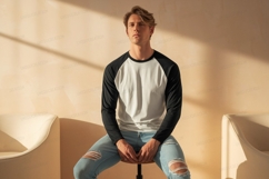 Blond Man Wearing Baseball Shirt black Product Image 1