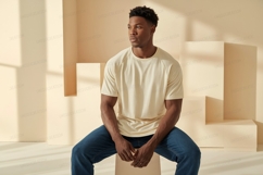Man wearing cream shirt blue jeans image Product Image 1