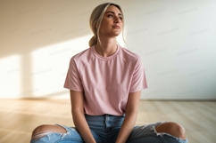 Pink shirt blue jeans woman image Product Image 1