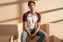 Young man wearing raglan shirt and ripped jeans white Product Image 1