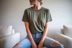 Olive green t shirt ripped jeans mockup image Product Image 1