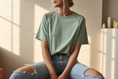 Woman wearing green t shirt ripped jeans image Product Image 1