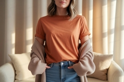 Orange t shirt blue jeans beige cardigan image Product Image 1