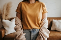 Mustard shirt beige cardigan jeans image Product Image 1