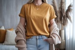 Mustard shirt light jeans cardigan image Product Image 1