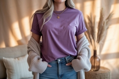 Purple shirt casual outfit jeans cardigan Product Image 1