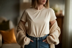 Woman wearing cream t shirt and cardigan image Product Image 1
