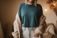Teal shirt light jeans neutral cardigan image Product Image 1